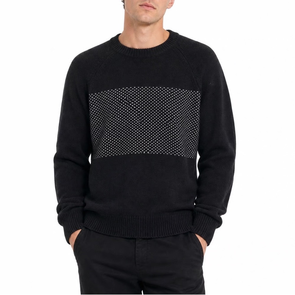 Cotton On Premium Collection XL Black White Patterned Band Crew Neck Sweater